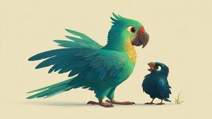 大鹦鹉与小萌鸟的温馨画面