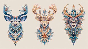 三幅精美鹿头图腾插画