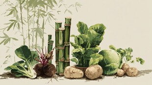 田园风蔬菜与竹子静物画