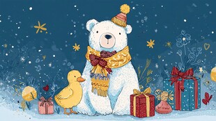 北极熊与小鸭的冬日温馨场景