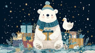 北极熊怀抱礼物的冬日场景