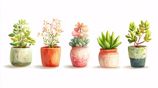 可爱多彩盆栽插画展示