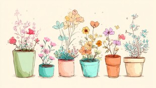 一排多彩盆栽花卉插画