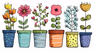 手绘多彩盆栽花卉组合