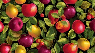 多彩苹果与绿叶图案背景