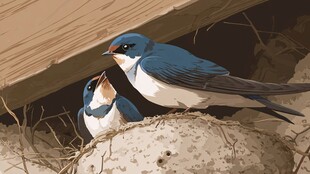 两只燕子在巢边互动