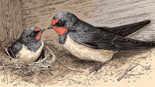 燕巢边的亲鸟与幼鸟