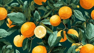 橙黄绿叶的清新水果图案