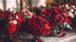 鲜艳红玫瑰婚礼花束陈列