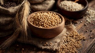 木碗中的饱满大豆及谷物