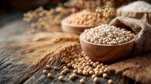 木碗中的饱满大豆与谷物