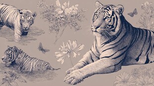 手绘老虎与花卉图案场景