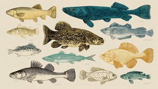 多样鱼类复古插画展示