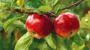 枝头双红苹果带露欲滴