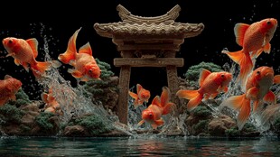 金鱼跃动于中式亭台水景