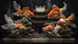 金鱼绕古亭 灵动之美