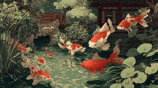 日式庭院锦鲤悠游图