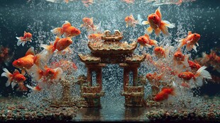 金鱼绕古建 灵动水中景