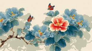 蓝叶红花间双蝶飞舞