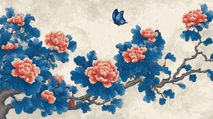 蓝牡丹蝴蝶图