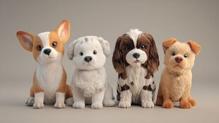 四只可爱小狗摆件展示