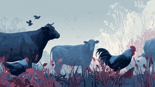 田园间的牛与鸡和谐景象