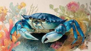 蓝色螃蟹与多彩海洋植物