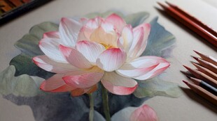 手绘荷花图与绘画工具