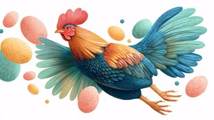 彩色公鸡携彩蛋展翅飞舞