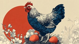 公鸡立于蛋旁伴红日花卉