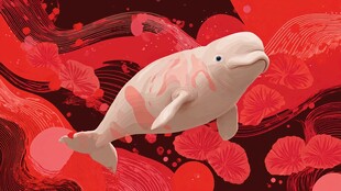 梦幻红底白鲸插画艺术