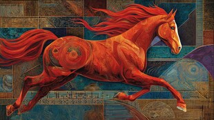 奔腾的赤马 艺术风画作