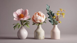 三个花瓶中的精美仿真花卉