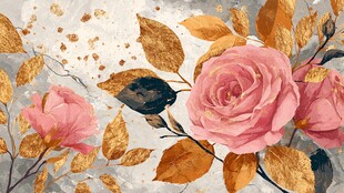 粉色玫瑰与金色叶片装饰画