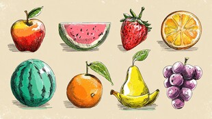 手绘多彩水果集合