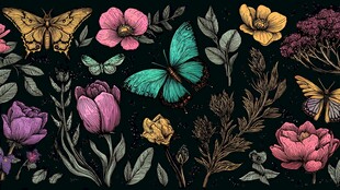 花卉蝴蝶的梦幻黑色背景图