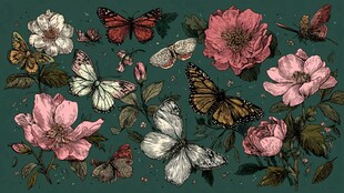 复古风花卉蝴蝶插画图案