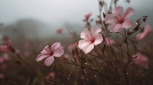 雾中绽放的粉色娇艳小花