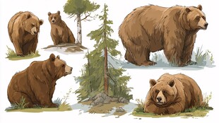 不同姿态的森林棕熊插画