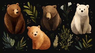 四只萌熊与绿植的温馨画面