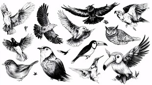 手绘鸟类集合插画