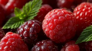 新鲜树莓配薄荷叶