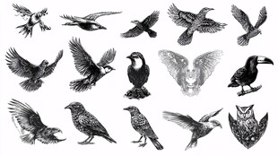 各式飞鸟黑白插画集合
