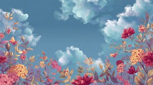 梦幻花卉与蓝天白云图景