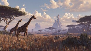 奇幻草原上的长颈鹿与城堡