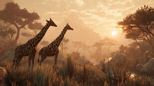 夕阳下草原上的两只长颈鹿