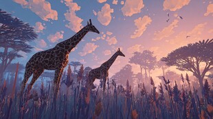 夕阳下草原上的长颈鹿身影