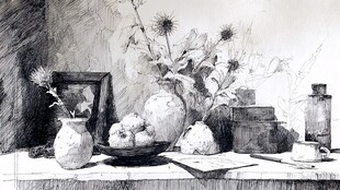 静物素描 花瓶蔬果与器物