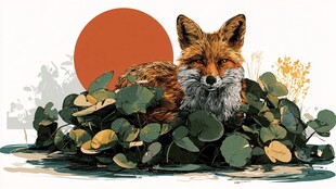 落日下的狐狸与绿植