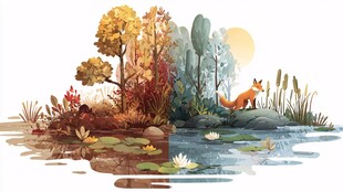 秋日湖畔的狐狸与美景